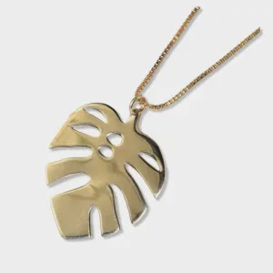Flora Monstera Drop Pendant Necklace Brass