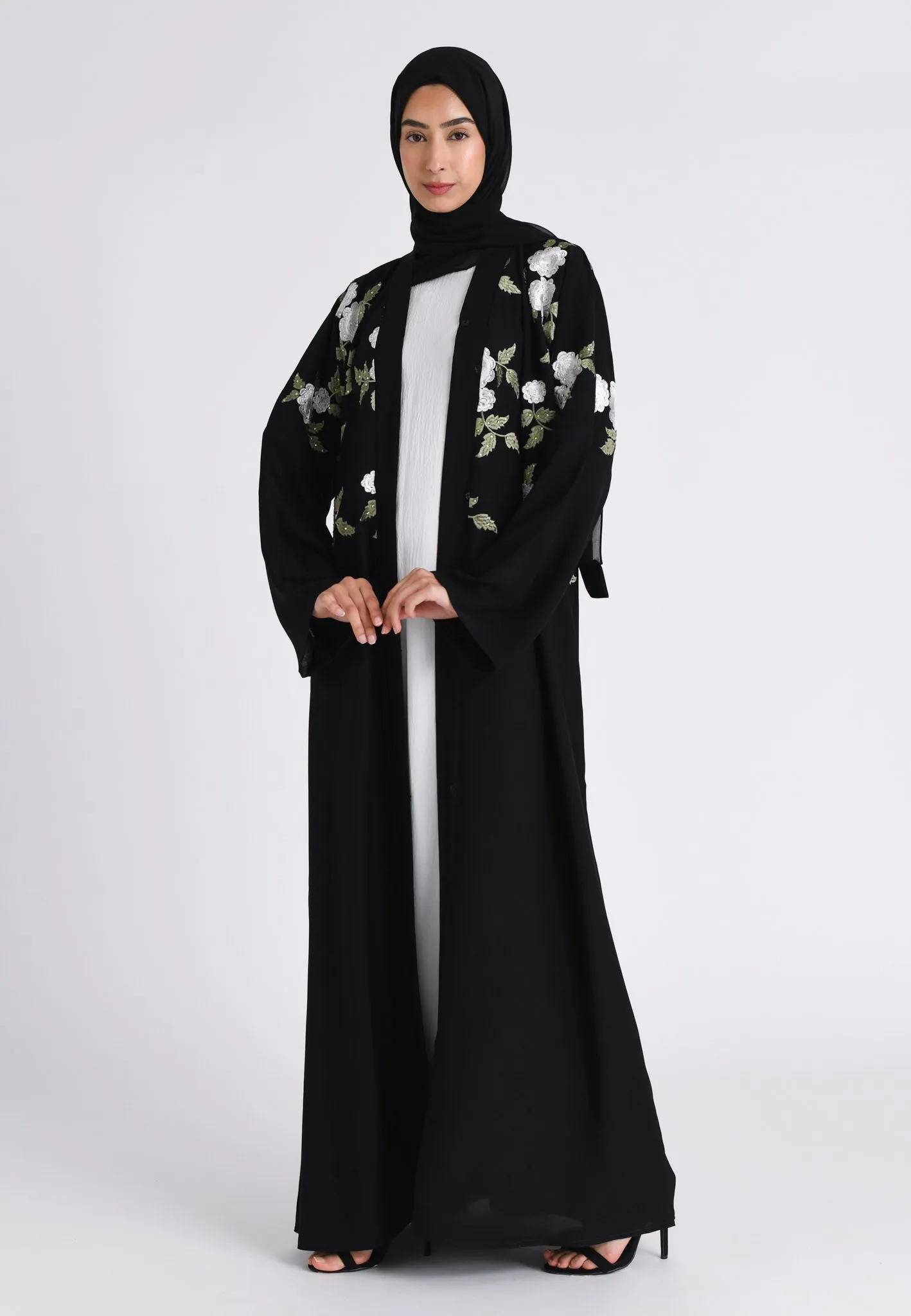 Floral Embroidered Kimono Open Abaya (Premium)