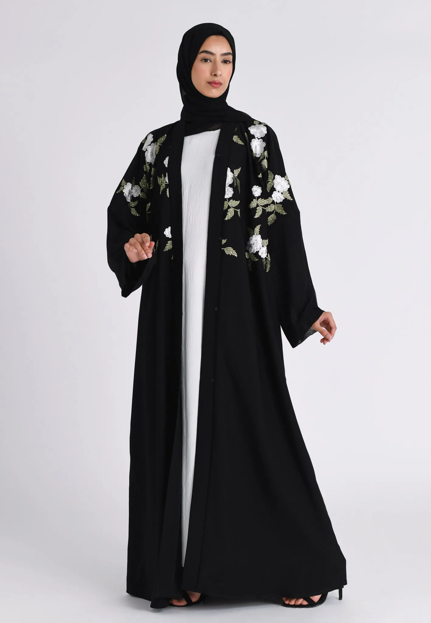 Floral Embroidered Kimono Open Abaya (Premium)
