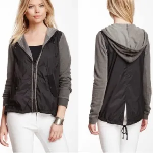 FREE PEOPLE MIXED MEDIA ZIP HOODIE WINDBREAKER JACKED BLACK GRAY MEDIUM