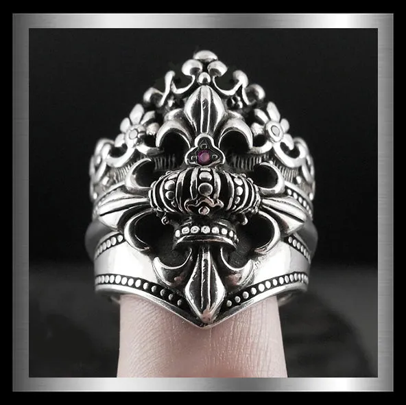 Giant Fleur De Lis Crown Ring In Sterling Silver