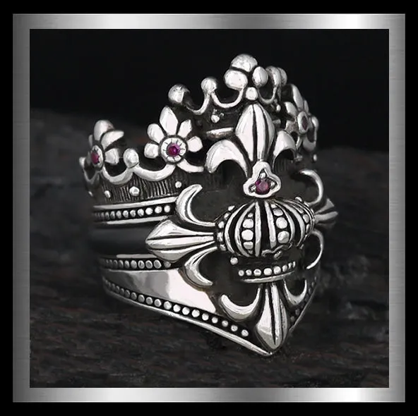 Giant Fleur De Lis Crown Ring In Sterling Silver