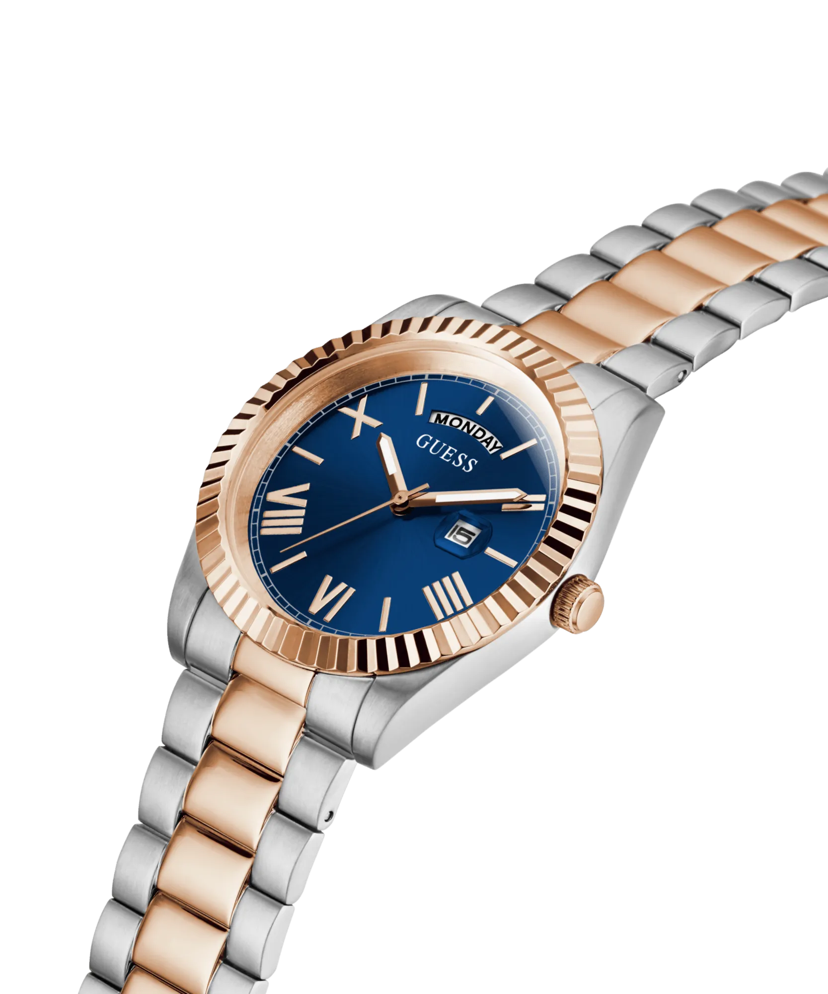 Guess Connoisseur Brushed And Polished Two Tone Case Blue Day Date Dial And Brushed And Polished Two Tone Bracelet GW0265G12