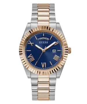 Guess Connoisseur Brushed And Polished Two Tone Case Blue Day Date Dial And Brushed And Polished Two Tone Bracelet GW0265G12