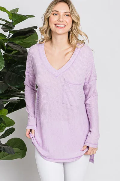 Hannah Waffle Knit V-Neck Long Sleeve T-Shirt