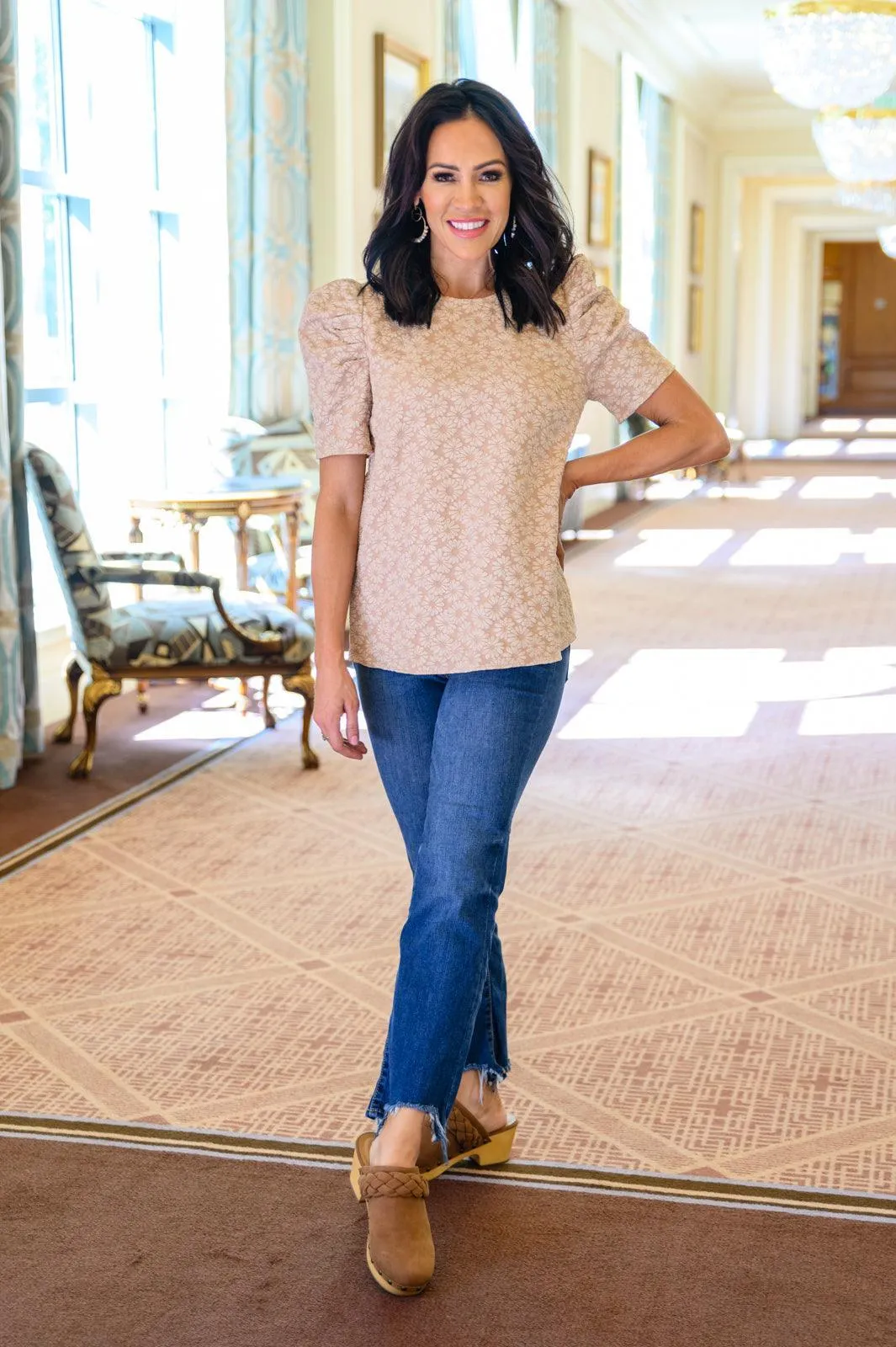 Hazel Blues® | Kelsi Jacquard Puff Sleeve Top In Tan