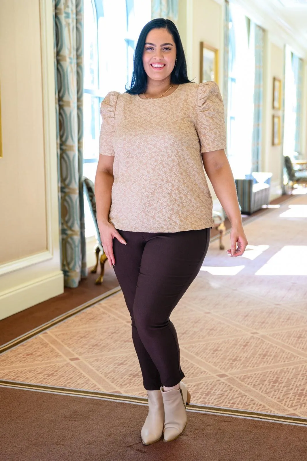 Hazel Blues® | Kelsi Jacquard Puff Sleeve Top In Tan