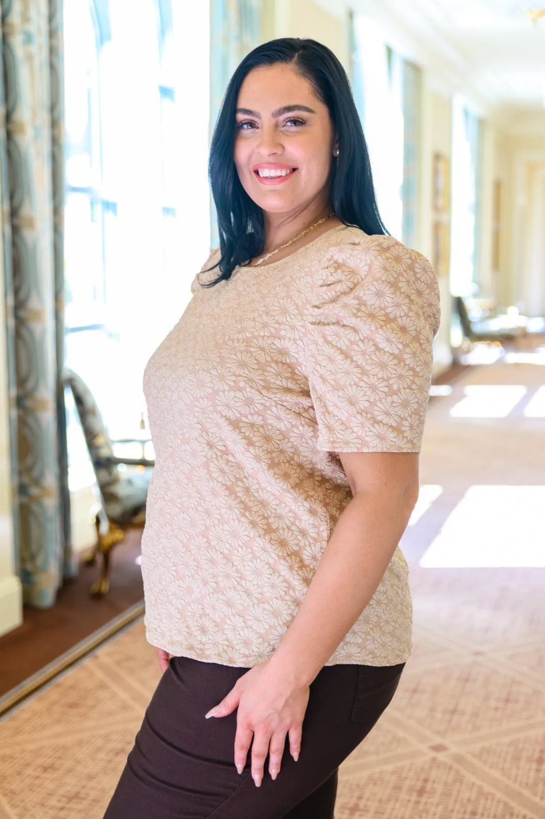 Hazel Blues® | Kelsi Jacquard Puff Sleeve Top In Tan