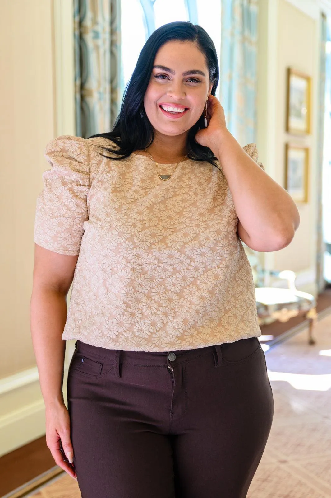 Hazel Blues® | Kelsi Jacquard Puff Sleeve Top In Tan