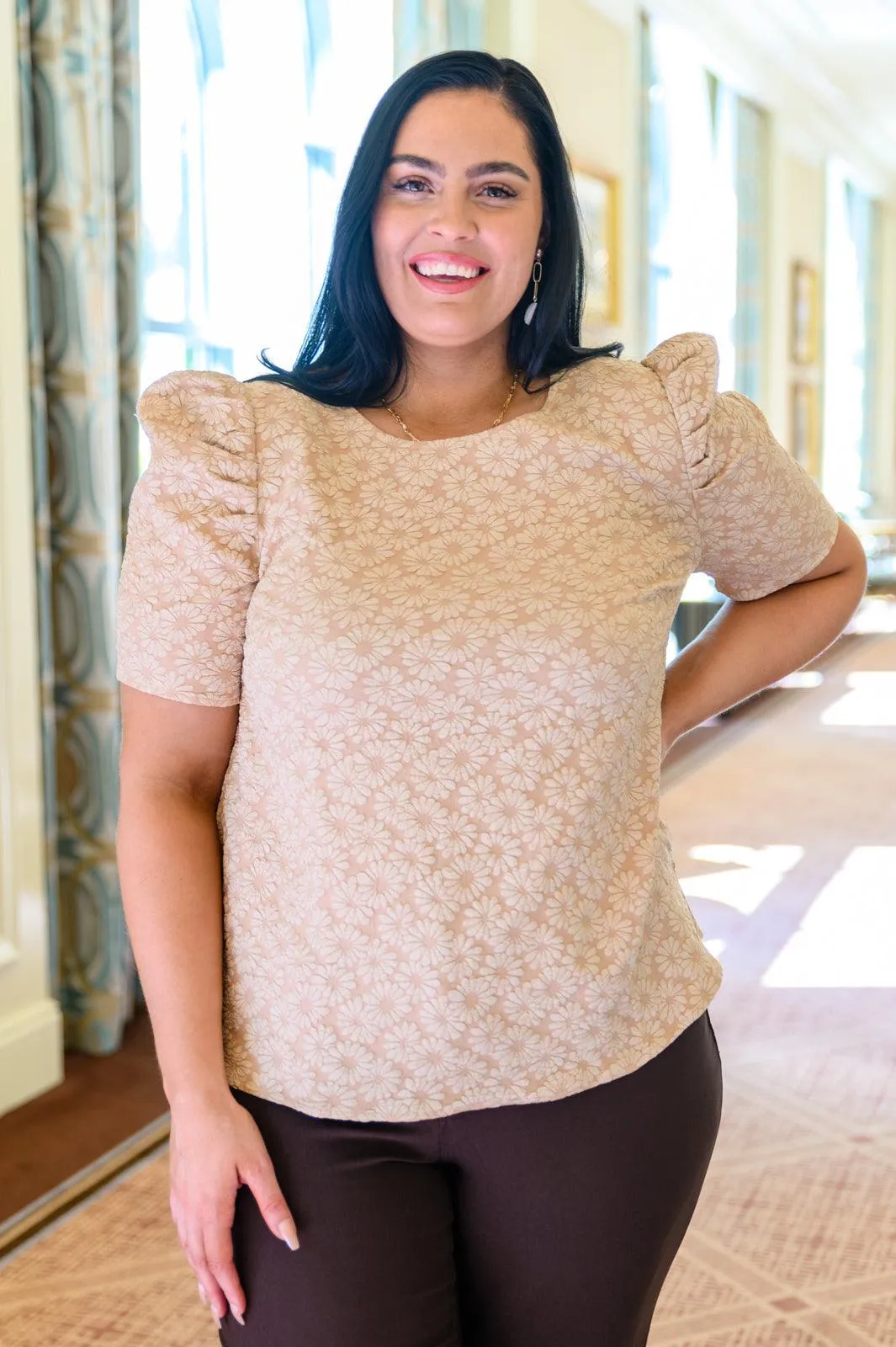 Hazel Blues® | Kelsi Jacquard Puff Sleeve Top In Tan