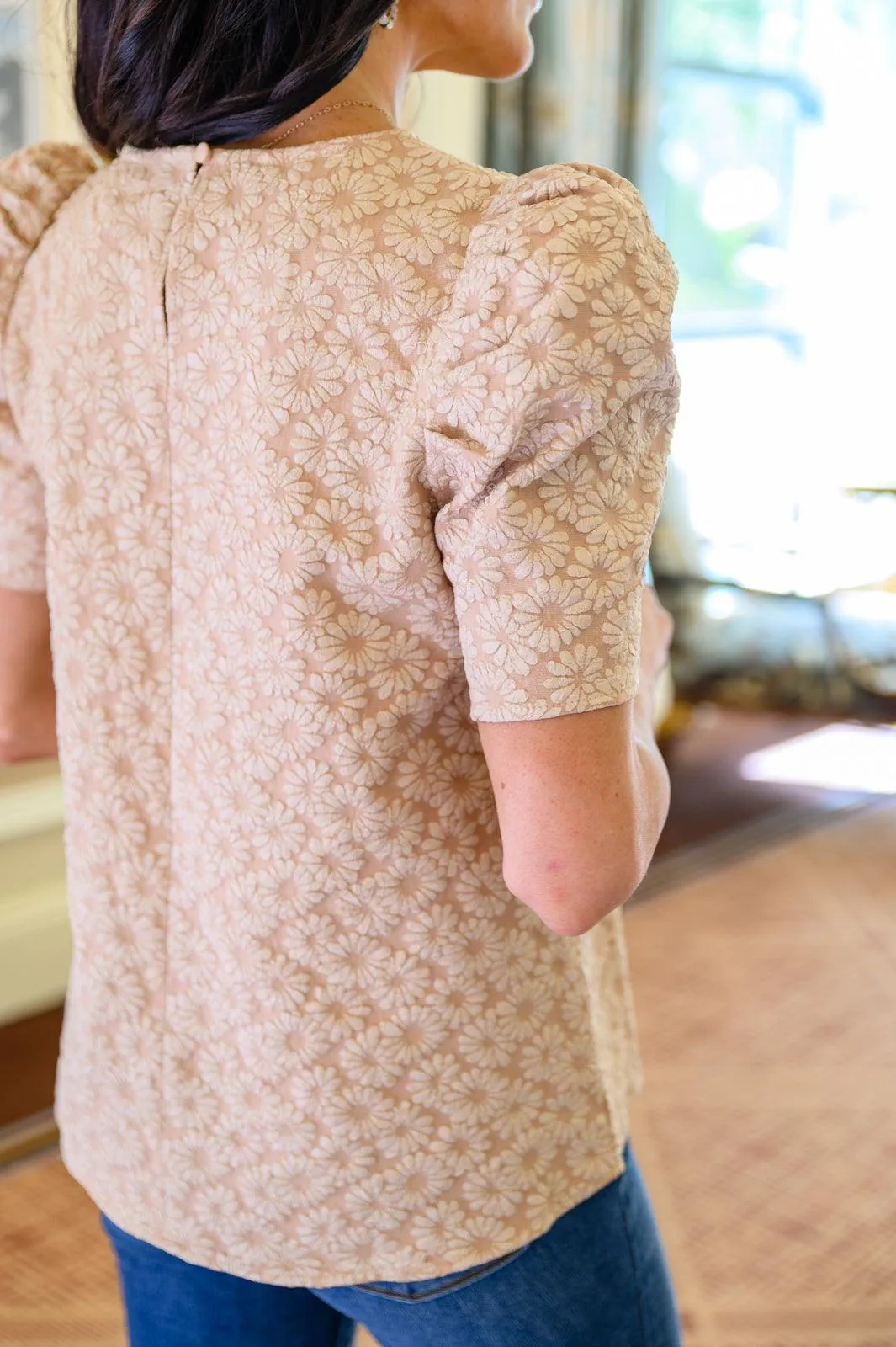 Hazel Blues® | Kelsi Jacquard Puff Sleeve Top In Tan