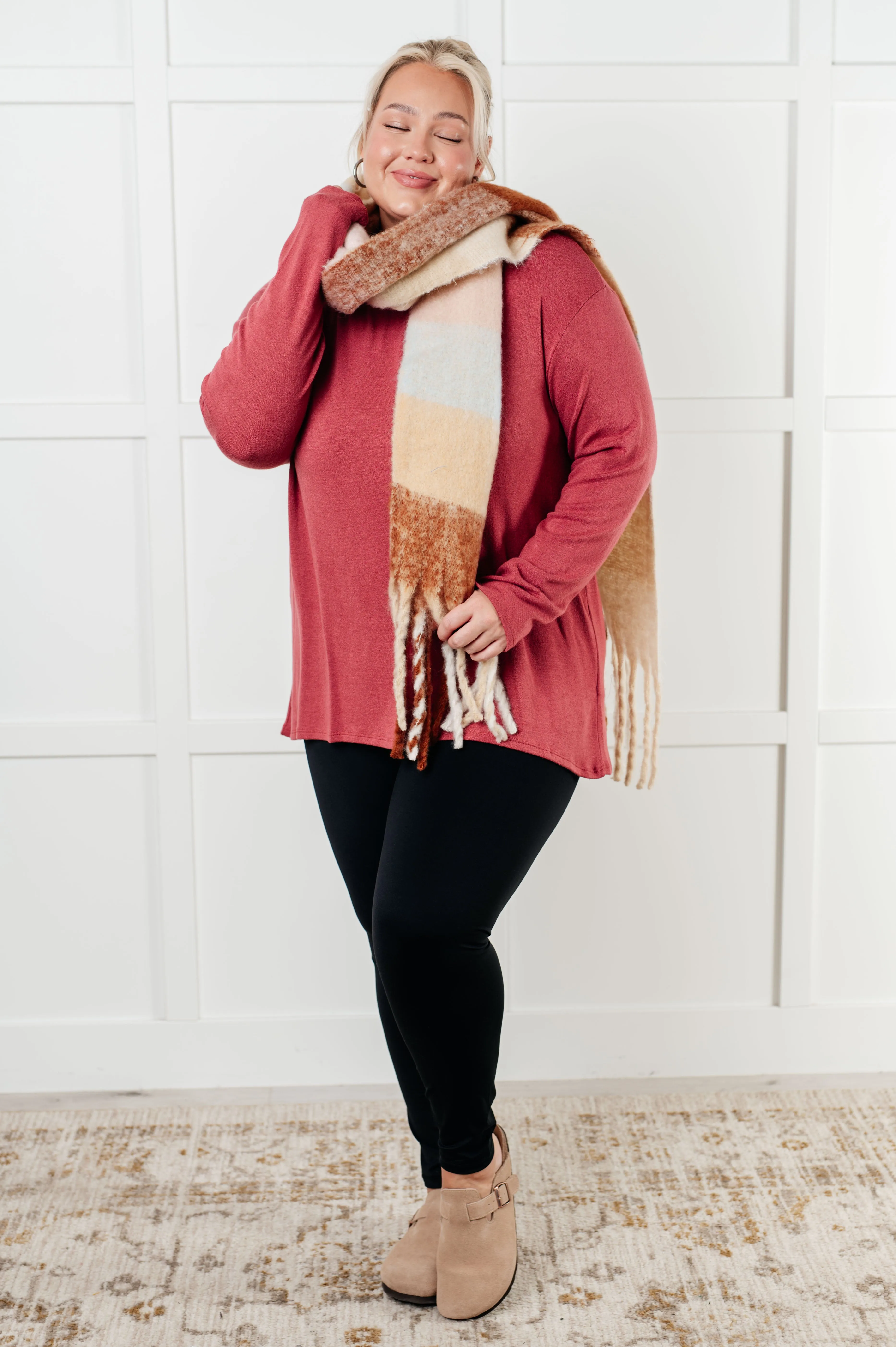 Hazel Blues® |  Wanderlust Wrap Oversized Plaid Fringe Scarf in Light Brown