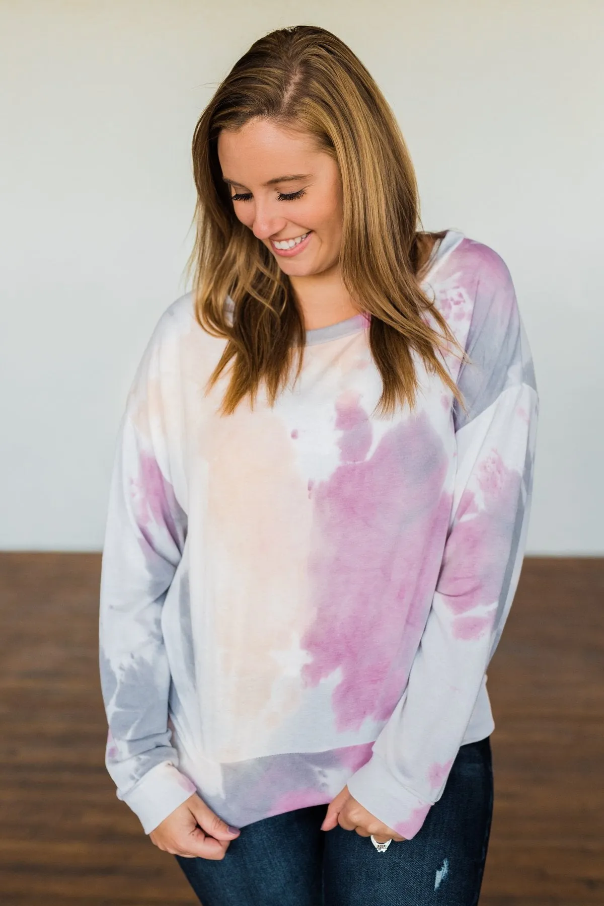 Heart Calls For Tie Dye Pullover Top- Grey, Orchid, & Peach
