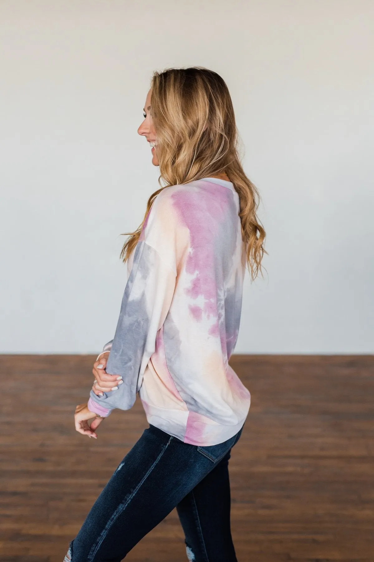 Heart Calls For Tie Dye Pullover Top- Grey, Orchid, & Peach