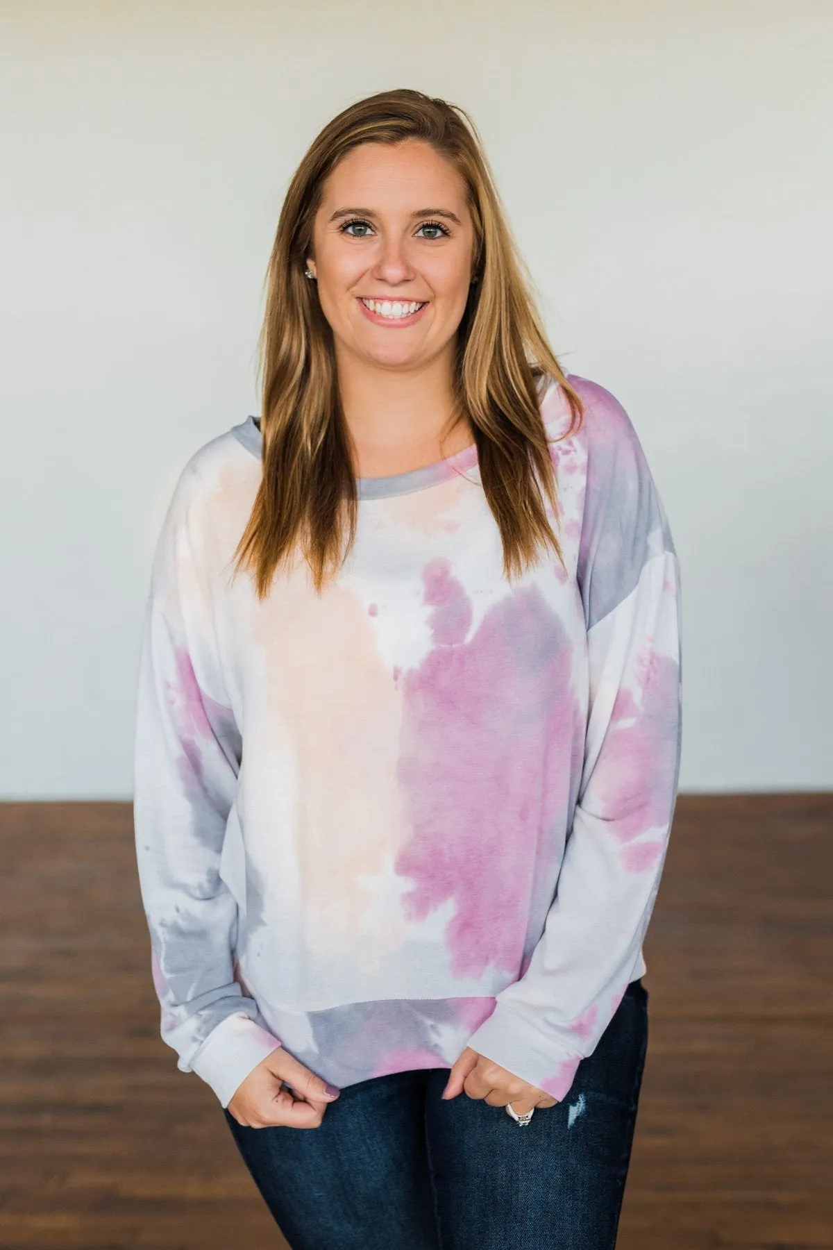 Heart Calls For Tie Dye Pullover Top- Grey, Orchid, & Peach