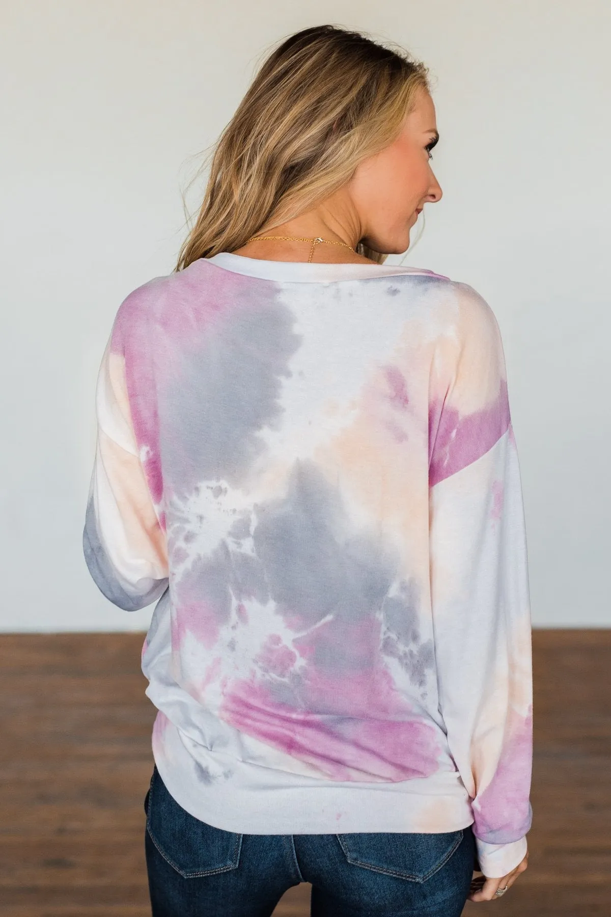 Heart Calls For Tie Dye Pullover Top- Grey, Orchid, & Peach