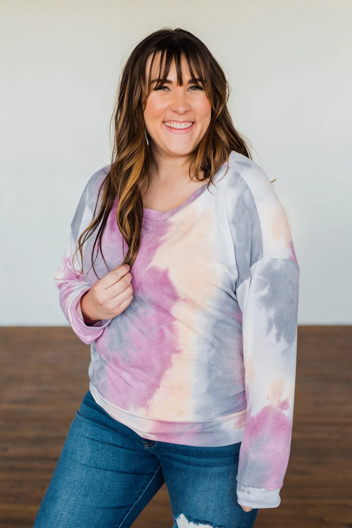 Heart Calls For Tie Dye Pullover Top- Grey, Orchid, & Peach