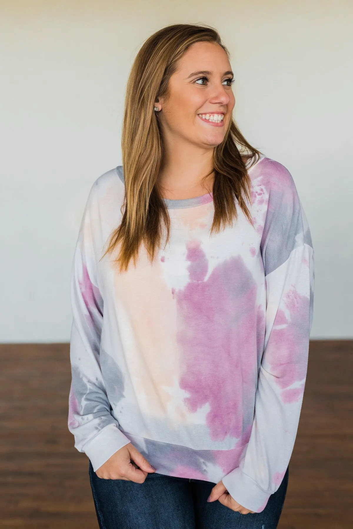 Heart Calls For Tie Dye Pullover Top- Grey, Orchid, & Peach