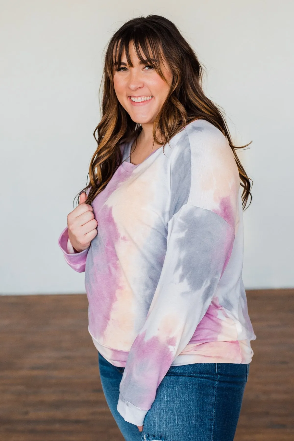 Heart Calls For Tie Dye Pullover Top- Grey, Orchid, & Peach