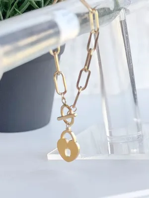 Heart Lock Charm Bracelet Stainless Steel Link Chain, Gold Plate