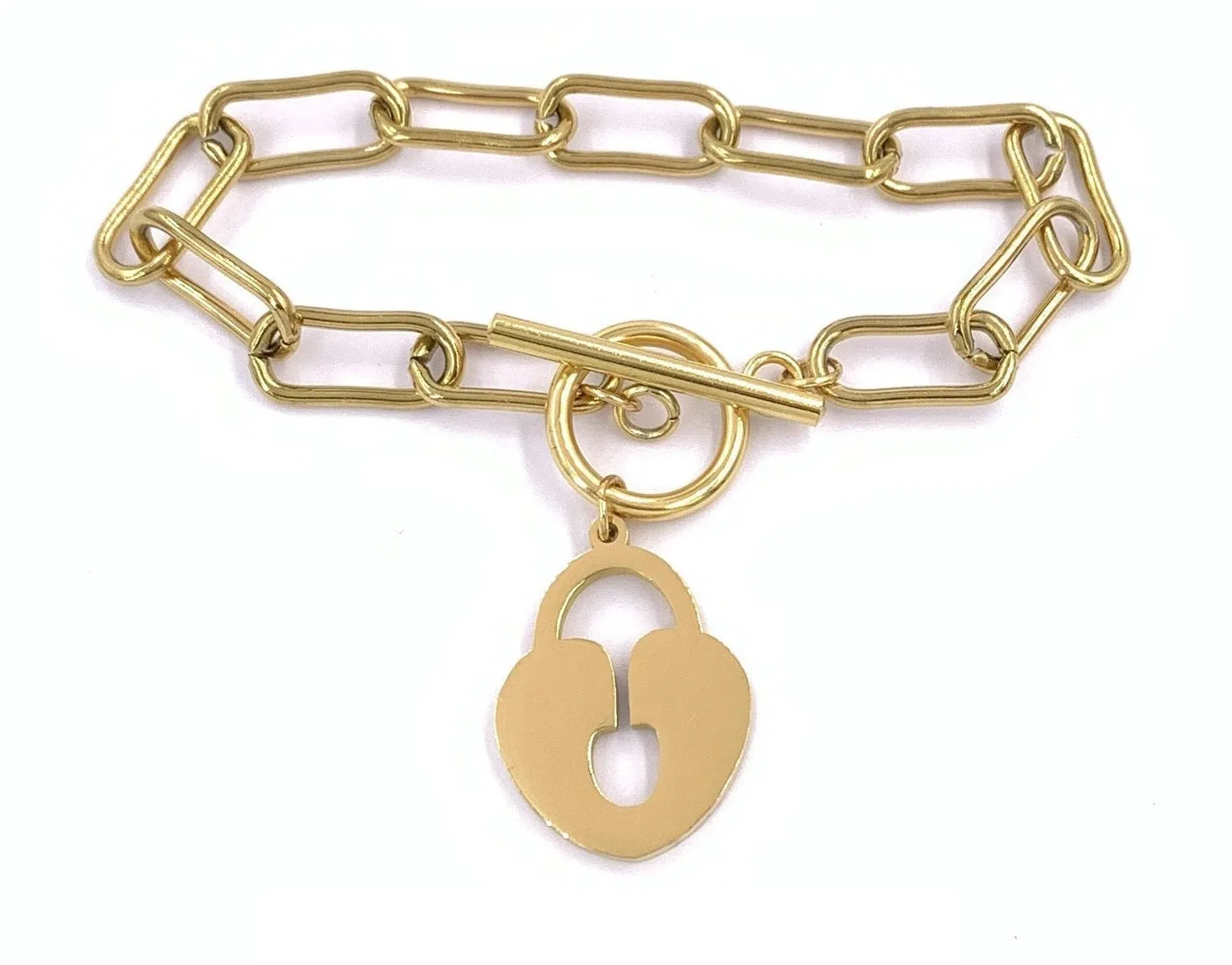 Heart Lock Charm Bracelet Stainless Steel Link Chain, Gold Plate