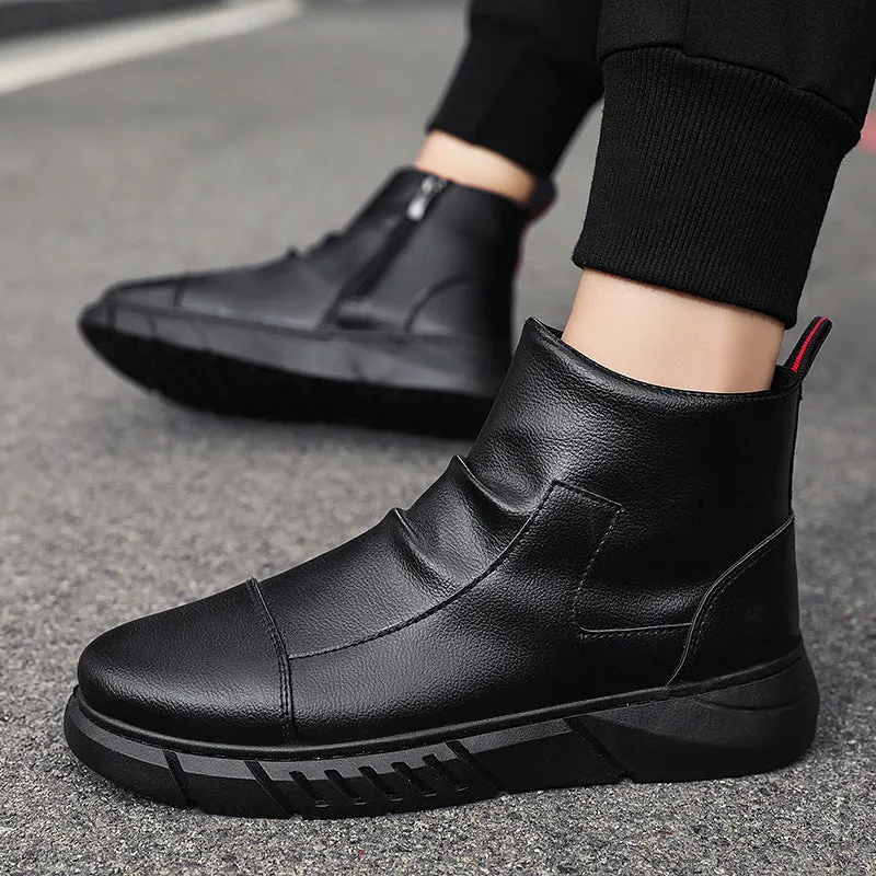 INSTOCK-Men's black high-top boots plus velvet