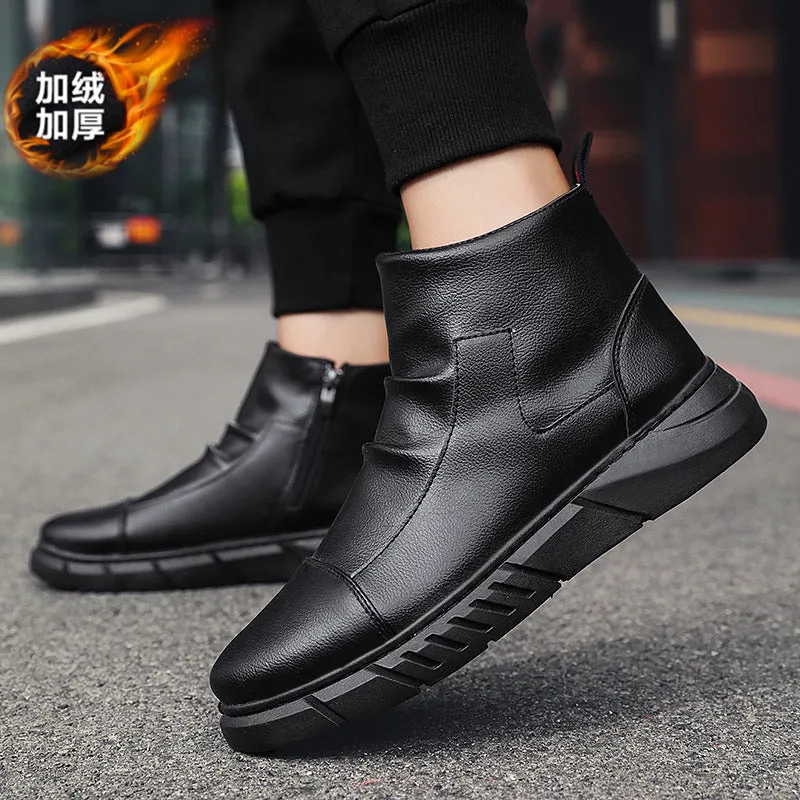 INSTOCK-Men's black high-top boots plus velvet
