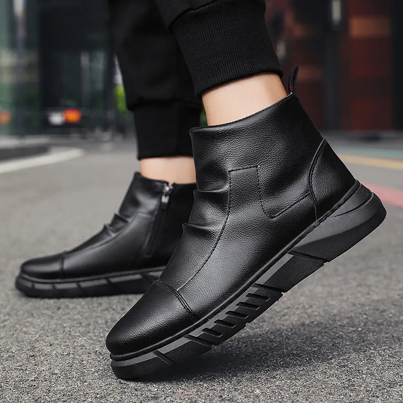 INSTOCK-Men's black high-top boots plus velvet