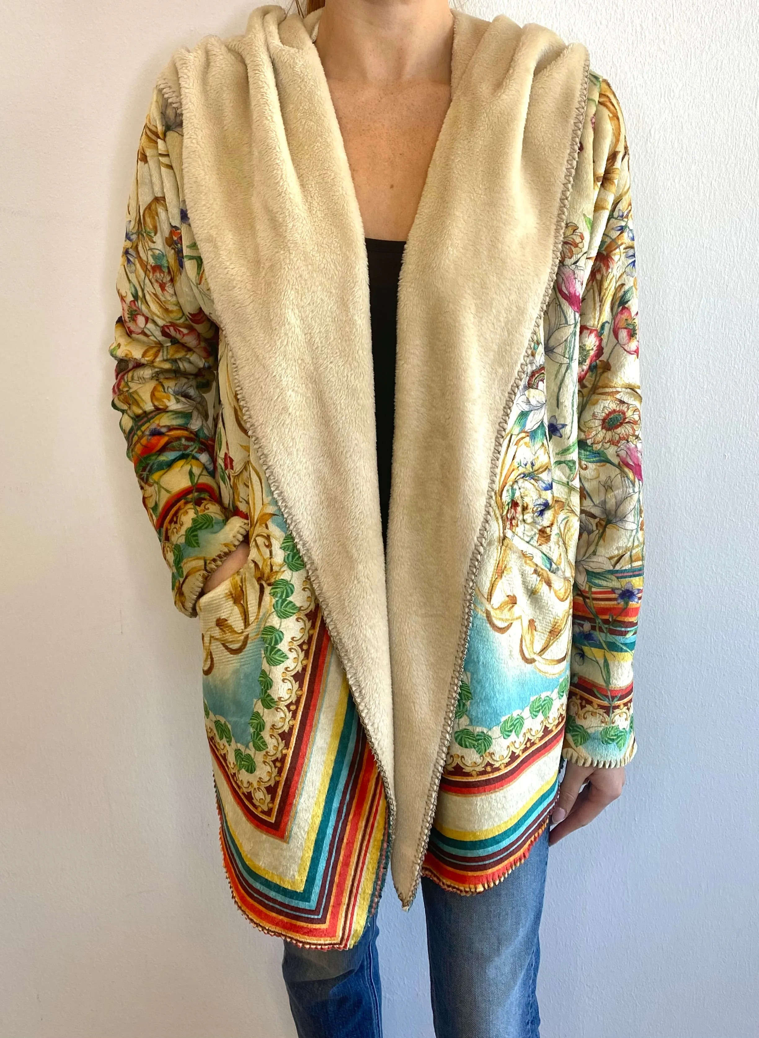 Johnny Was Felix Cozy Sherpa Jacket Floral Long Sleeves Flower Top Cream XXL NEW