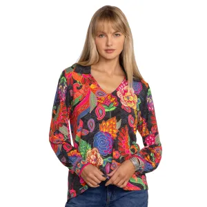 Johnny Was Janie Favorite Puff Sleeve Emberwing Polo Tee Floral Shirt Top NEW