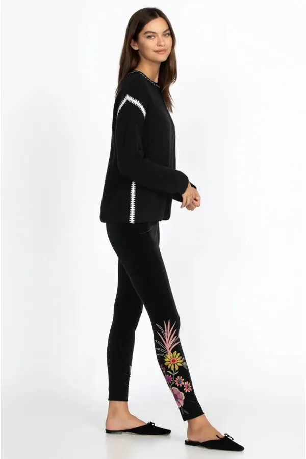 Johnny Was Tiarei Leggings Velvet Pant Floral Embroidery Pants Black Legging NEW
