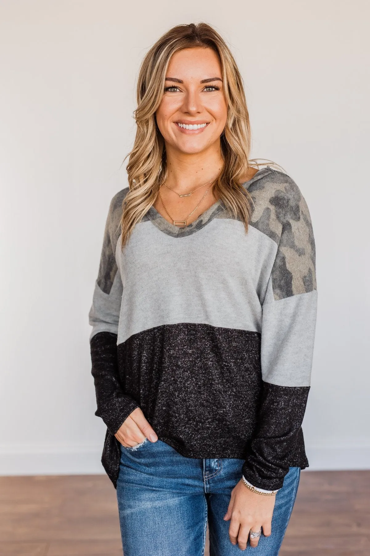 Keep Them Guessing Color Block Hoodie- Grey, Black, & Camo