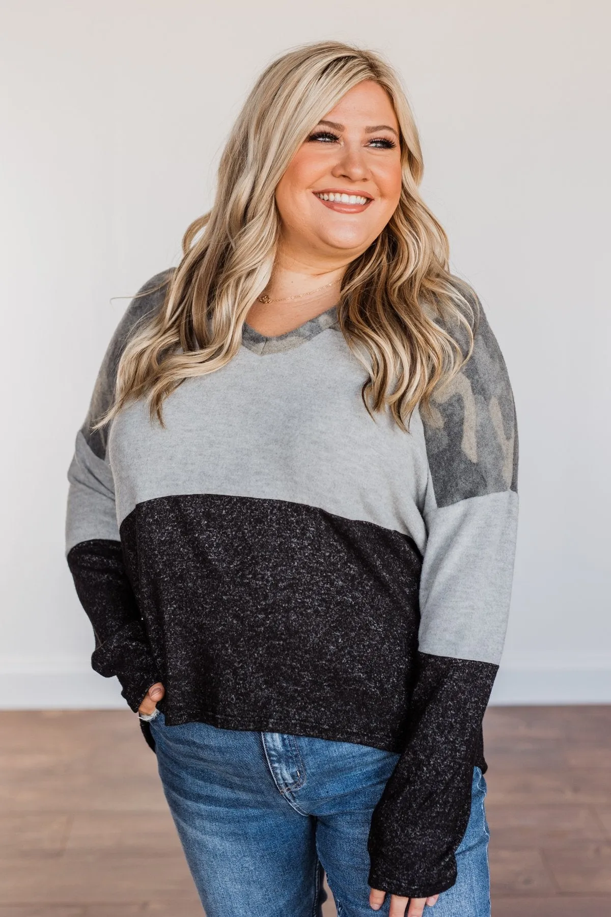 Keep Them Guessing Color Block Hoodie- Grey, Black, & Camo