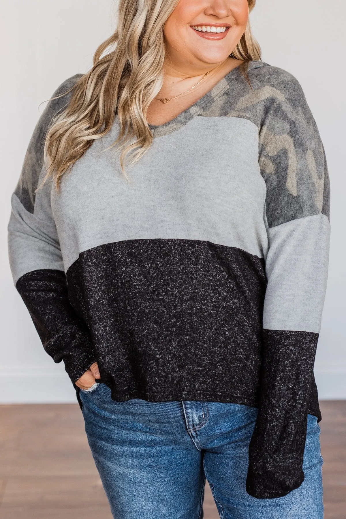 Keep Them Guessing Color Block Hoodie- Grey, Black, & Camo