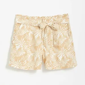 LOFT printed cinched front tie high waist shorts, 40&quot;, beige/ white