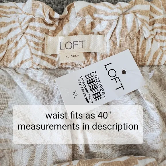 LOFT printed cinched front tie high waist shorts, 40&quot;, beige/ white