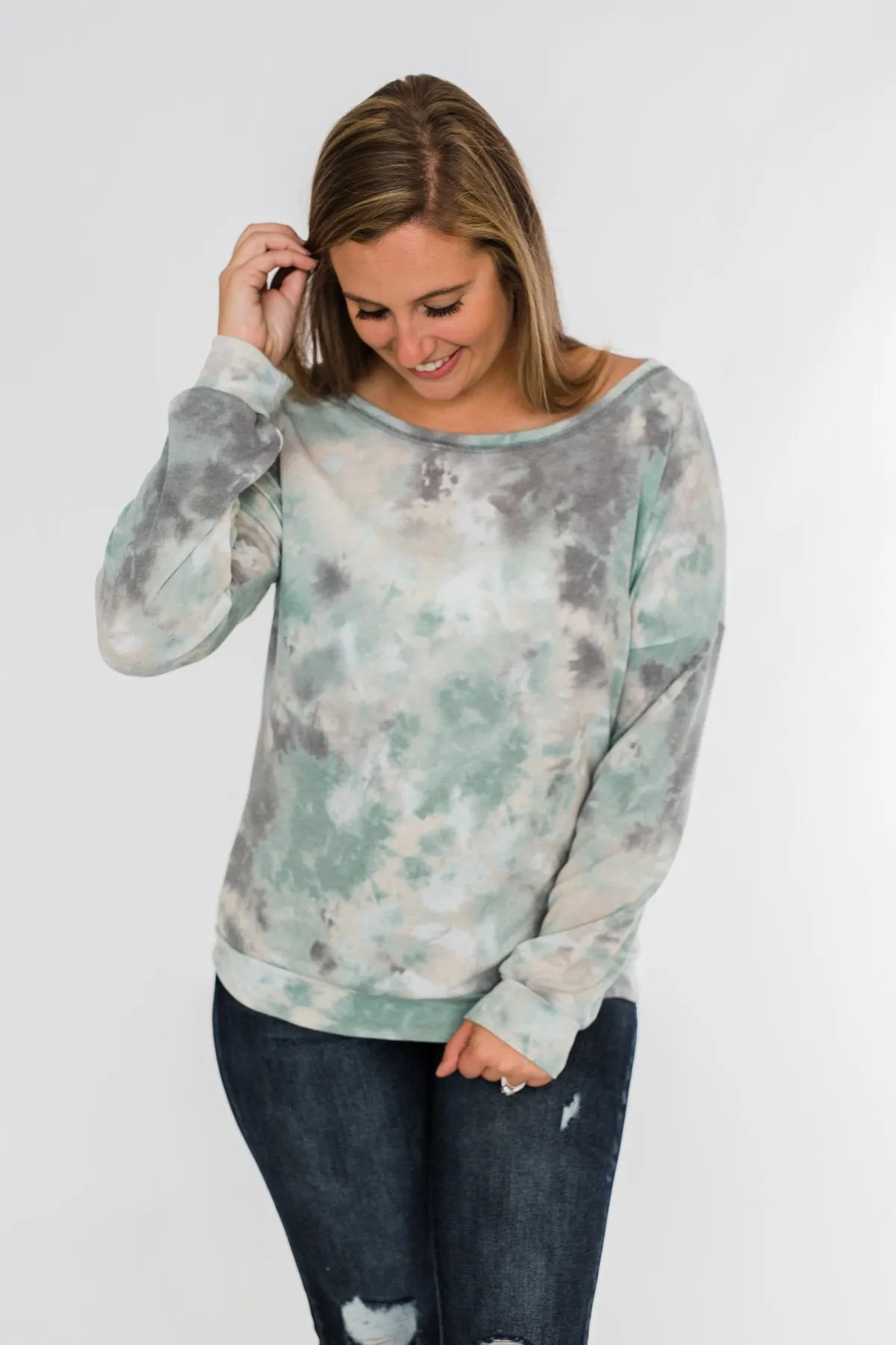 Lost In This Moment Tie Dye Pullover Top- Sage, Oatmeal, Grey