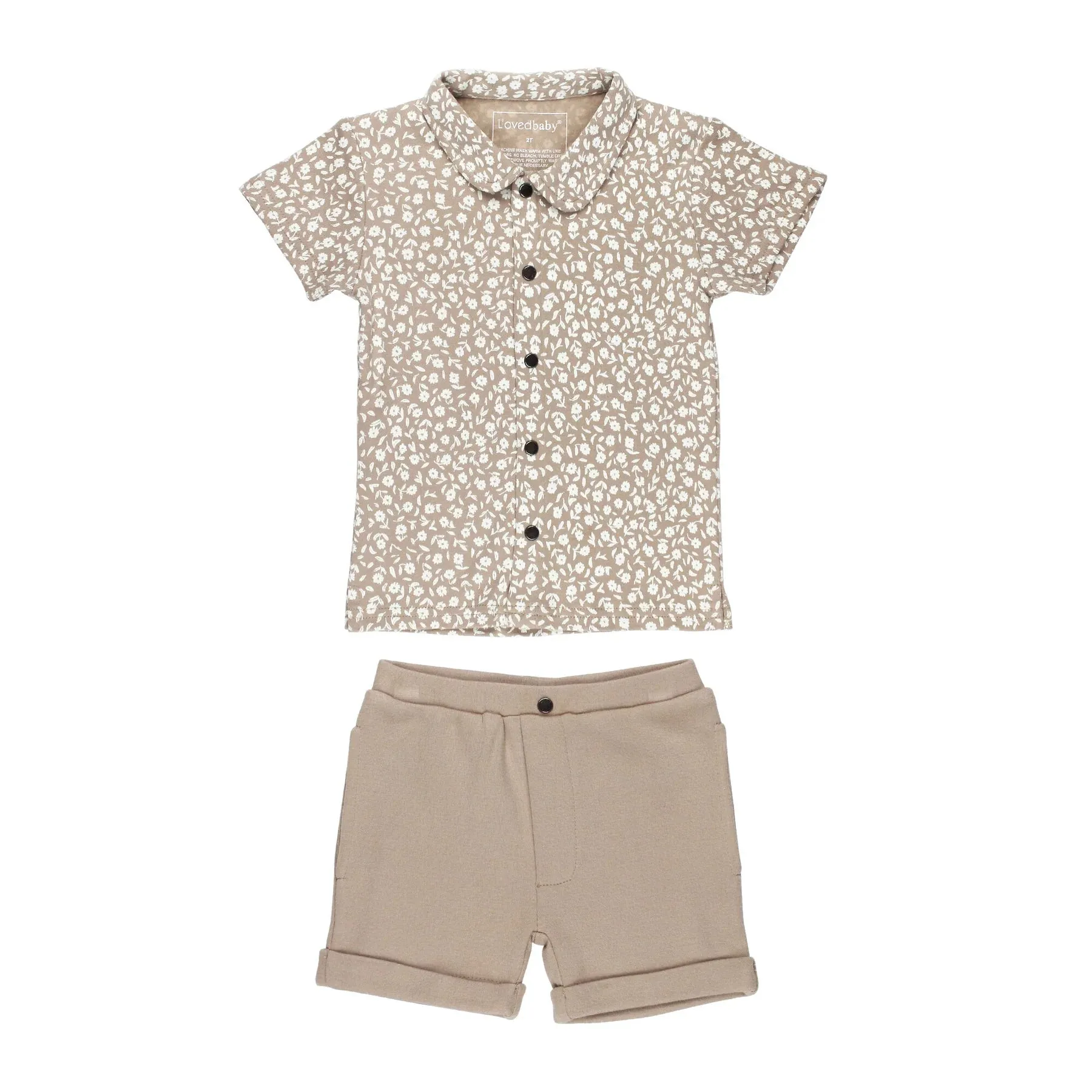 Lovedbaby - Organic Button Shirt   Short Set - Oatmeal Ditsy Floral