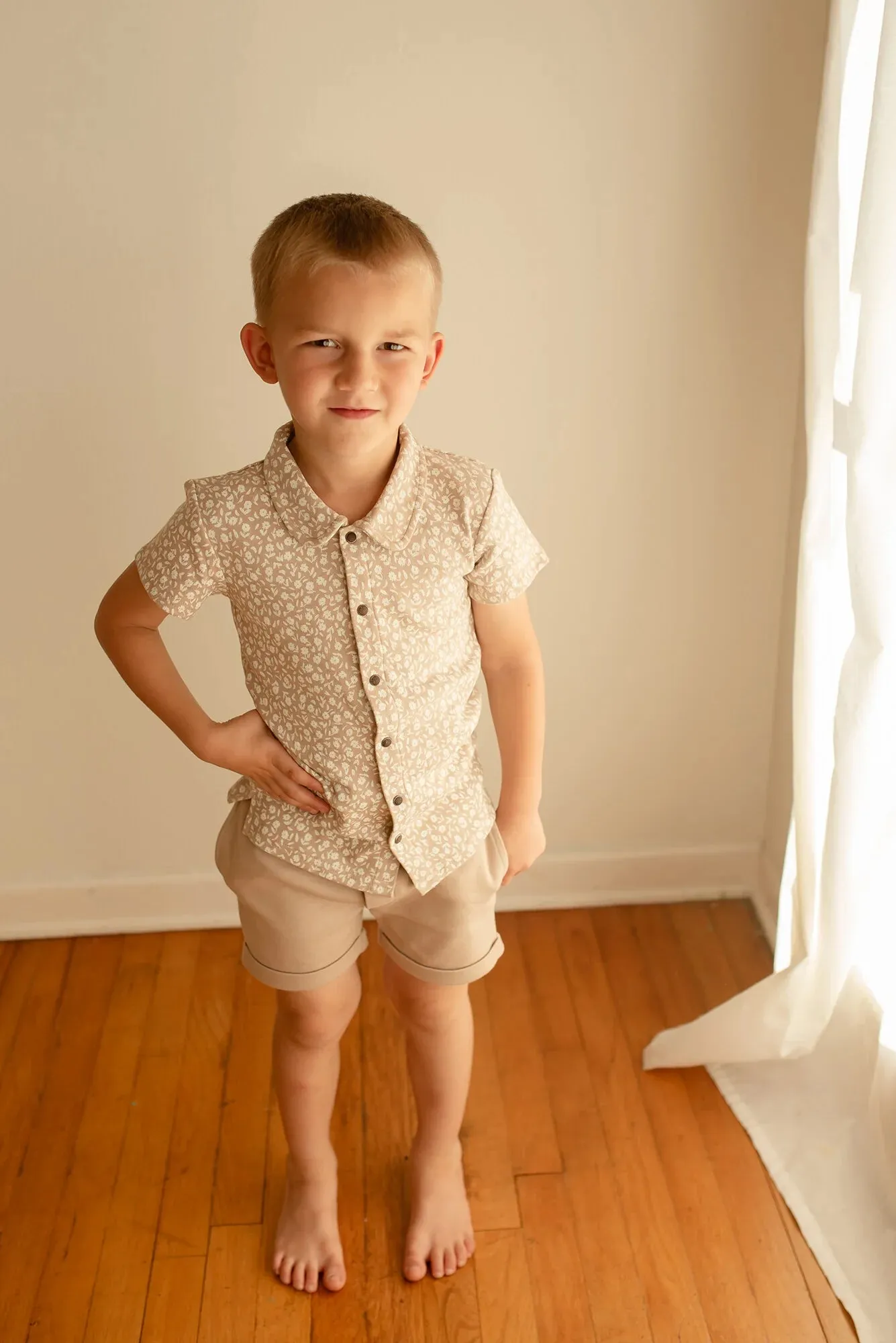 Lovedbaby - Organic Button Shirt   Short Set - Oatmeal Ditsy Floral