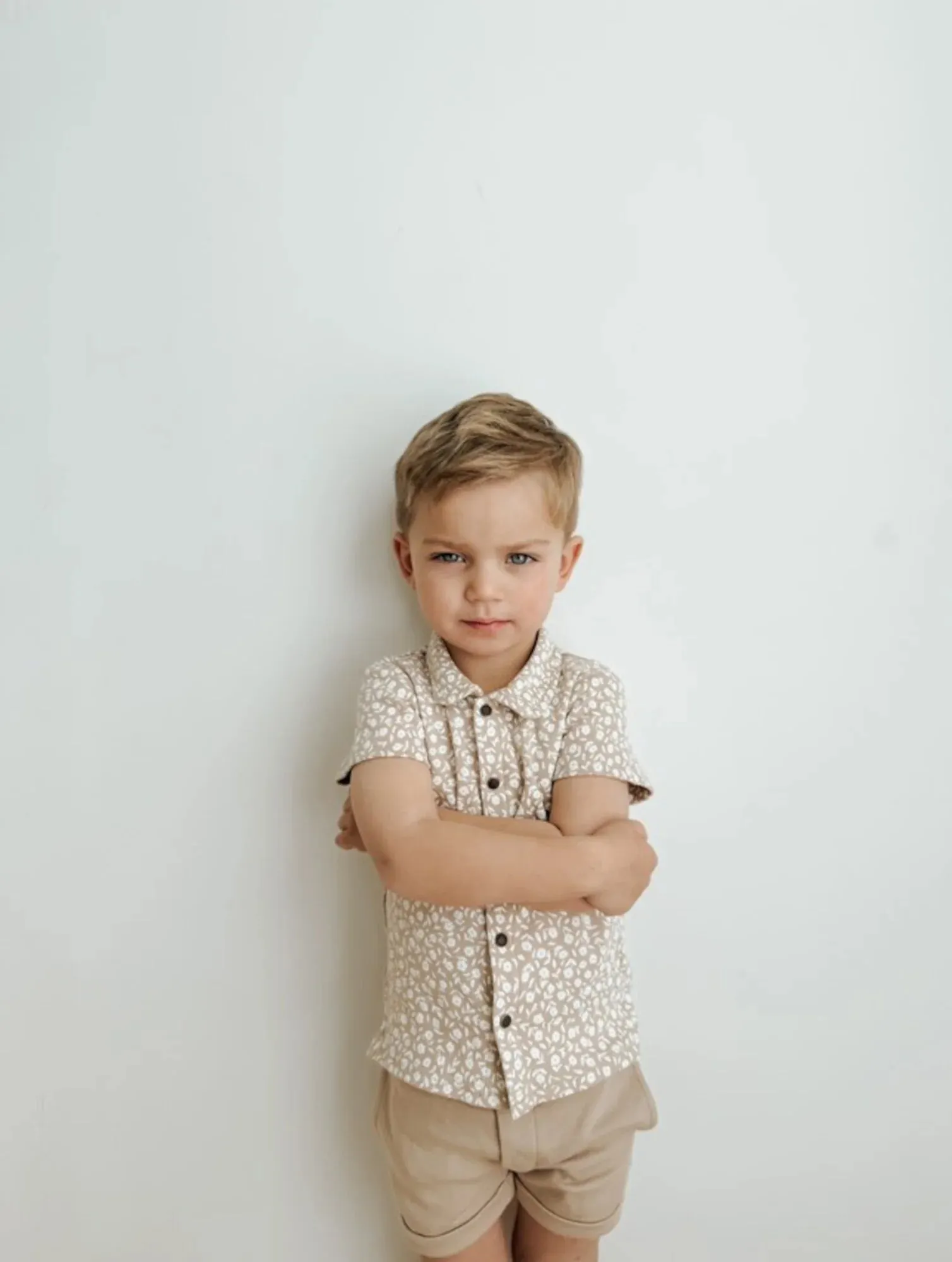 Lovedbaby - Organic Button Shirt   Short Set - Oatmeal Ditsy Floral