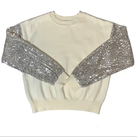 LUSH Clothing Sequin Sleeve Sparkly Sweater Silver Cream Small Coquette NWOT