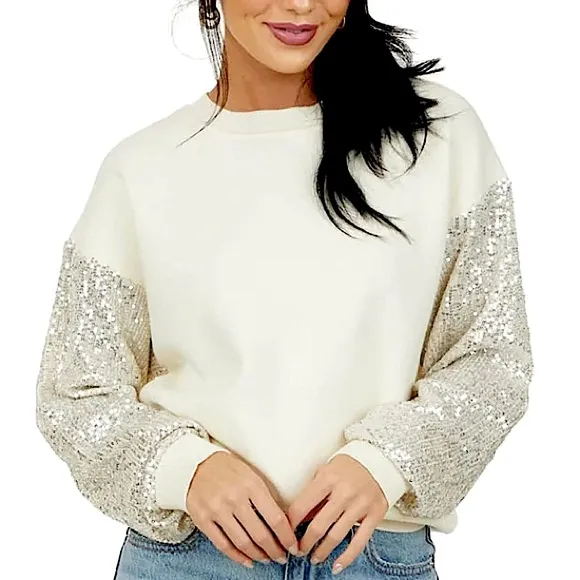 LUSH Clothing Sequin Sleeve Sparkly Sweater Silver Cream Small Coquette NWOT