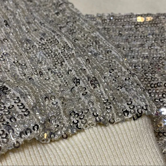 LUSH Clothing Sequin Sleeve Sparkly Sweater Silver Cream Small Coquette NWOT