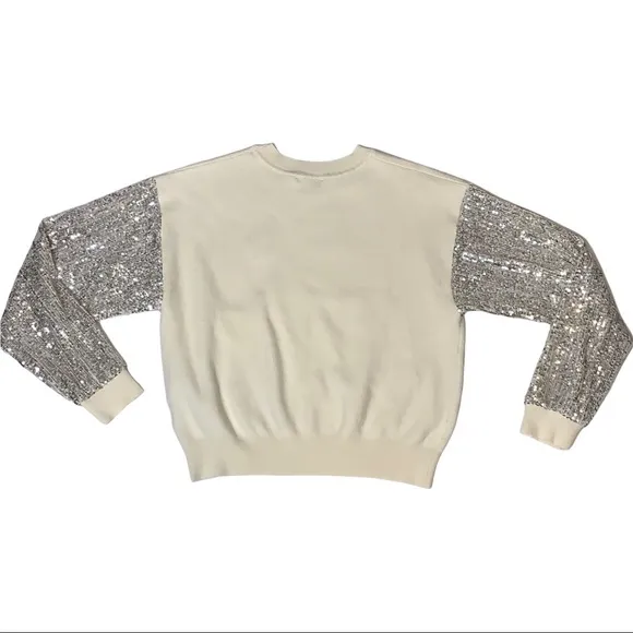 LUSH Clothing Sequin Sleeve Sparkly Sweater Silver Cream Small Coquette NWOT