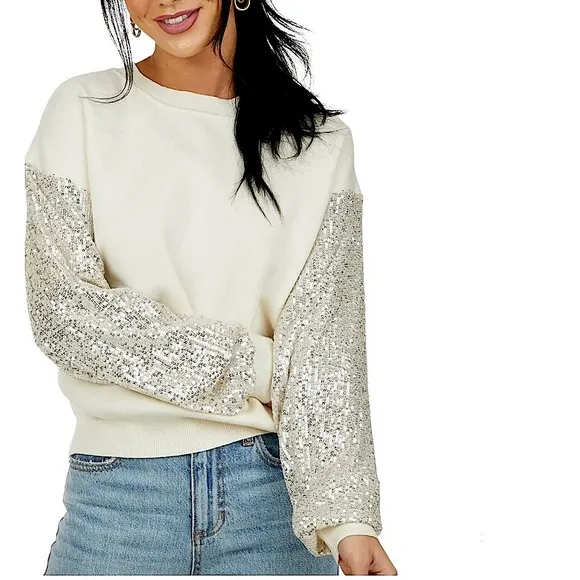 LUSH Clothing Sequin Sleeve Sparkly Sweater Silver Cream Small Coquette NWOT