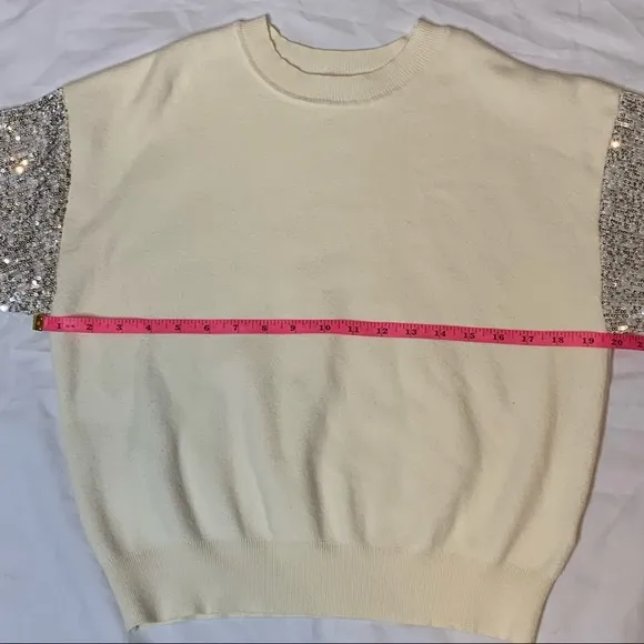 LUSH Clothing Sequin Sleeve Sparkly Sweater Silver Cream Small Coquette NWOT