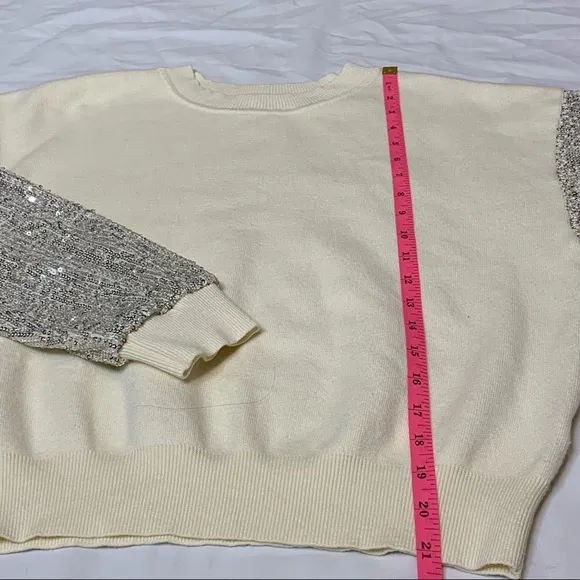 LUSH Clothing Sequin Sleeve Sparkly Sweater Silver Cream Small Coquette NWOT