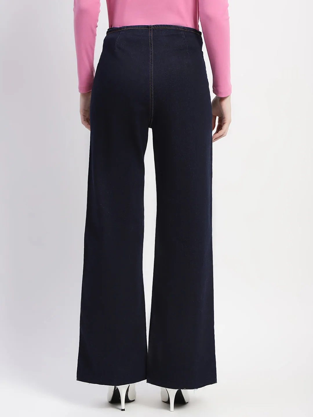 Madame Pleated Solid Carbon Blue Flared Jeans