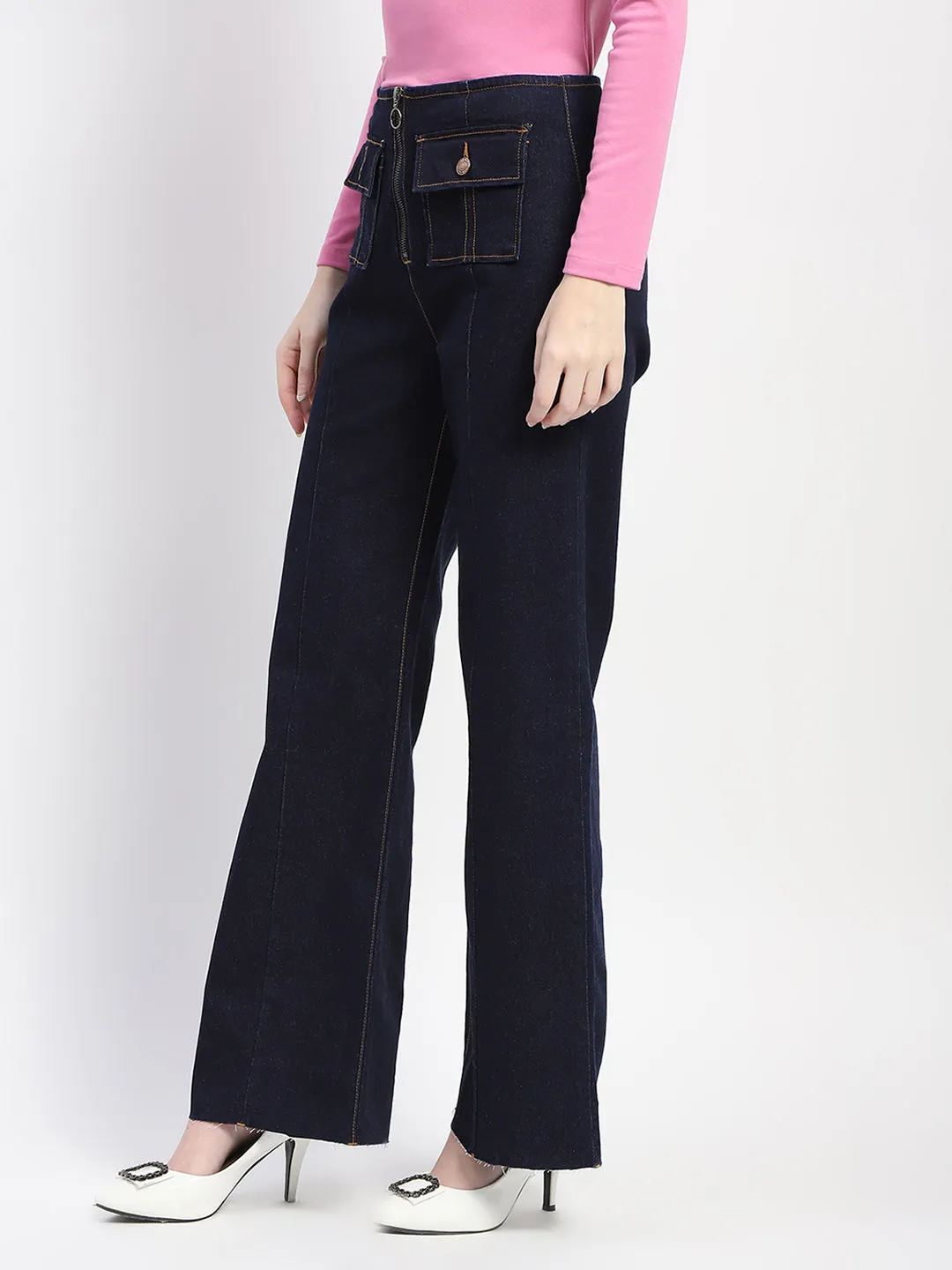 Madame Pleated Solid Carbon Blue Flared Jeans