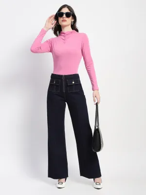 Madame Pleated Solid Carbon Blue Flared Jeans